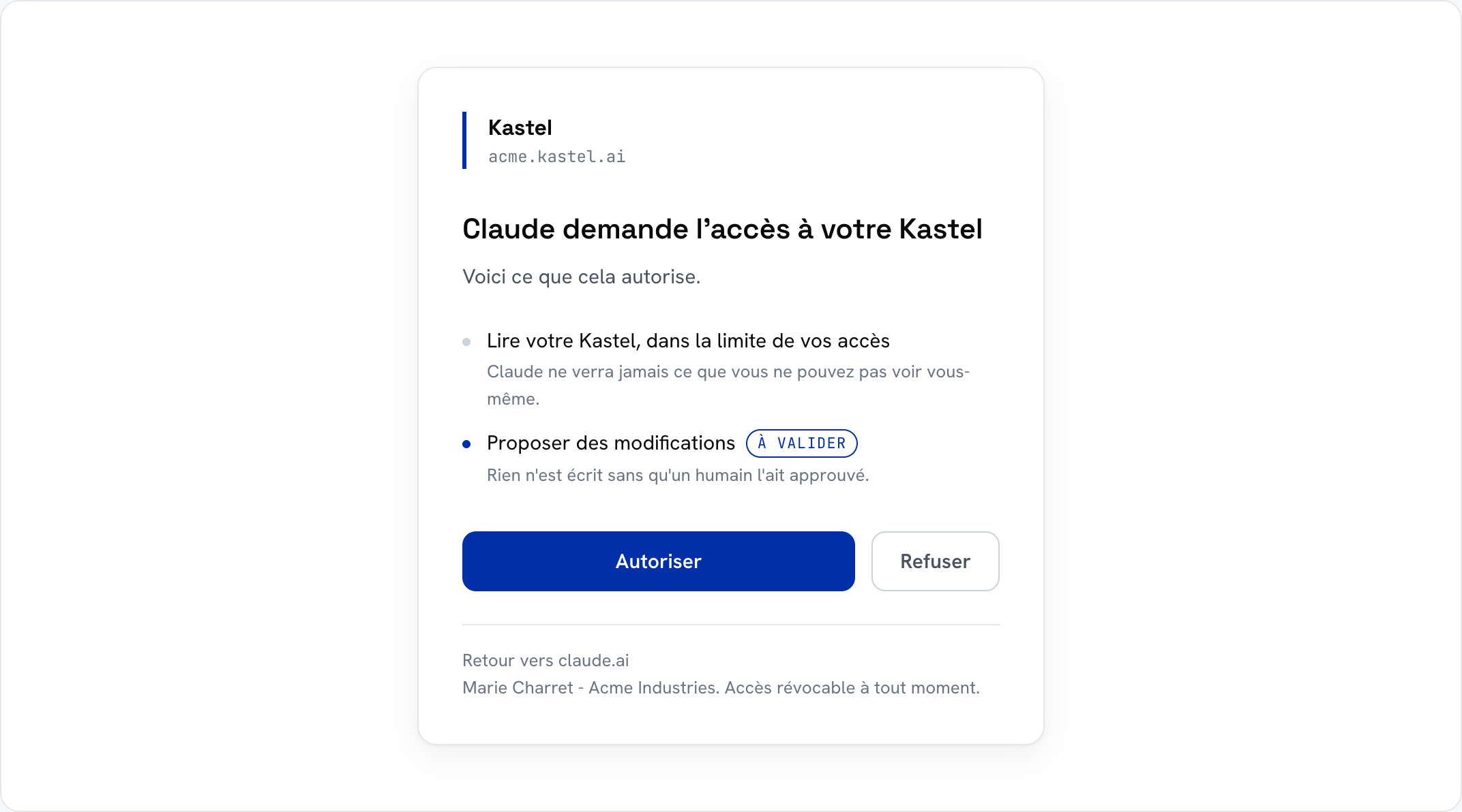 Vue d’interface Kastel : l’écran par lequel une IA extérieure demande l’accès, avec le détail de ce que l’autorisation couvre